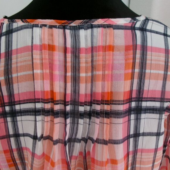 Tommy Hilfiger Plaid Loose Flowy Blouse Semi Sheer Sleeve Orange Pink Black S - Picture 7 of 10